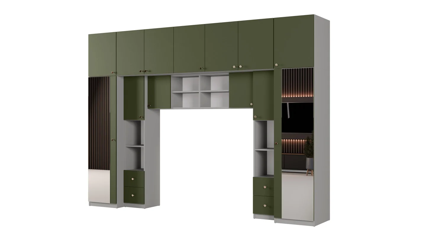 Zabudowa sypialni 394x225 cm 2 lustra szary pallad zielony oliwkowy – Sena | eMeblast