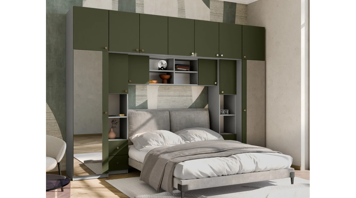 Zabudowa sypialni 394x225 cm 2 lustra szary pallad zielony oliwkowy – Sena | eMeblast