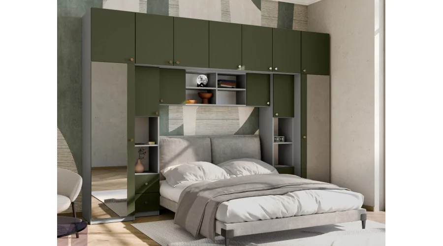 Zabudowa sypialni 394x225 cm 2 lustra szary pallad zielony oliwkowy – Sena | eMeblast