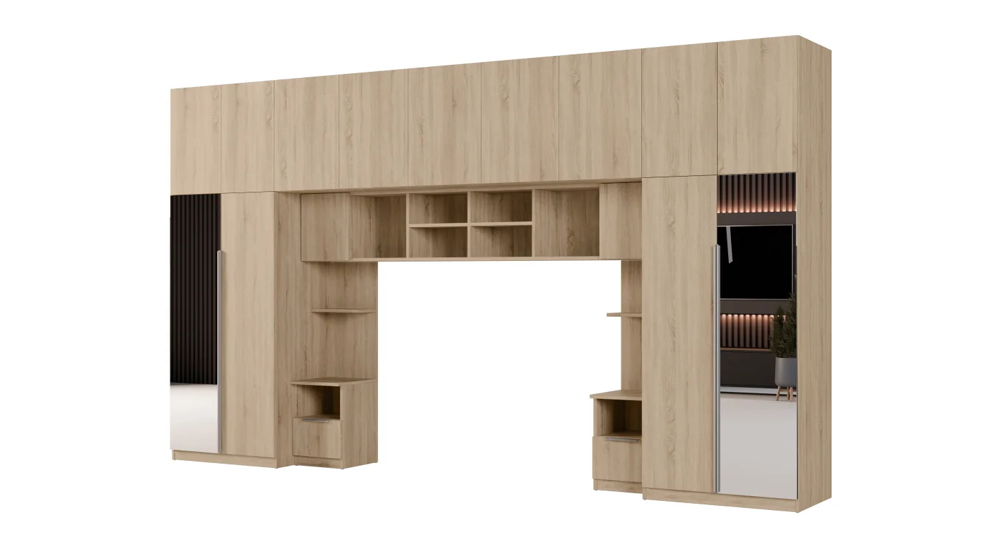 Zabudowa sypialni 394x225 cm Sonoma jasna 2 lustra Tip-On – Jula | eMeblast