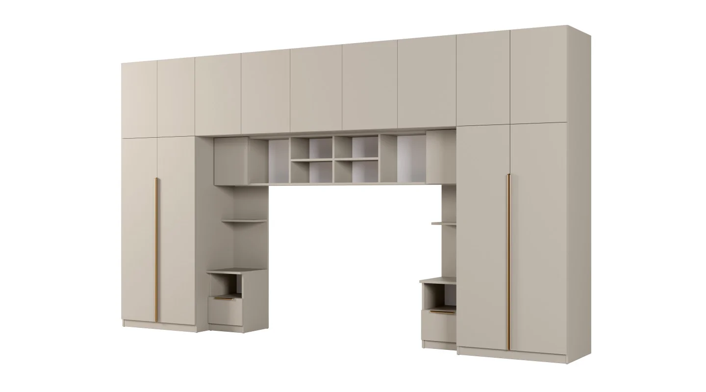 Zabudowa sypialni 394x225 cm kaszmirowy beż dąb Halifax Tip-On – Jula | eMeblast