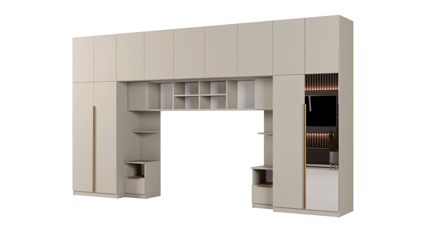 Zabudowa sypialni 394x225 cm kaszmirowy beż lustro Tip-On – Jula | eMeblast