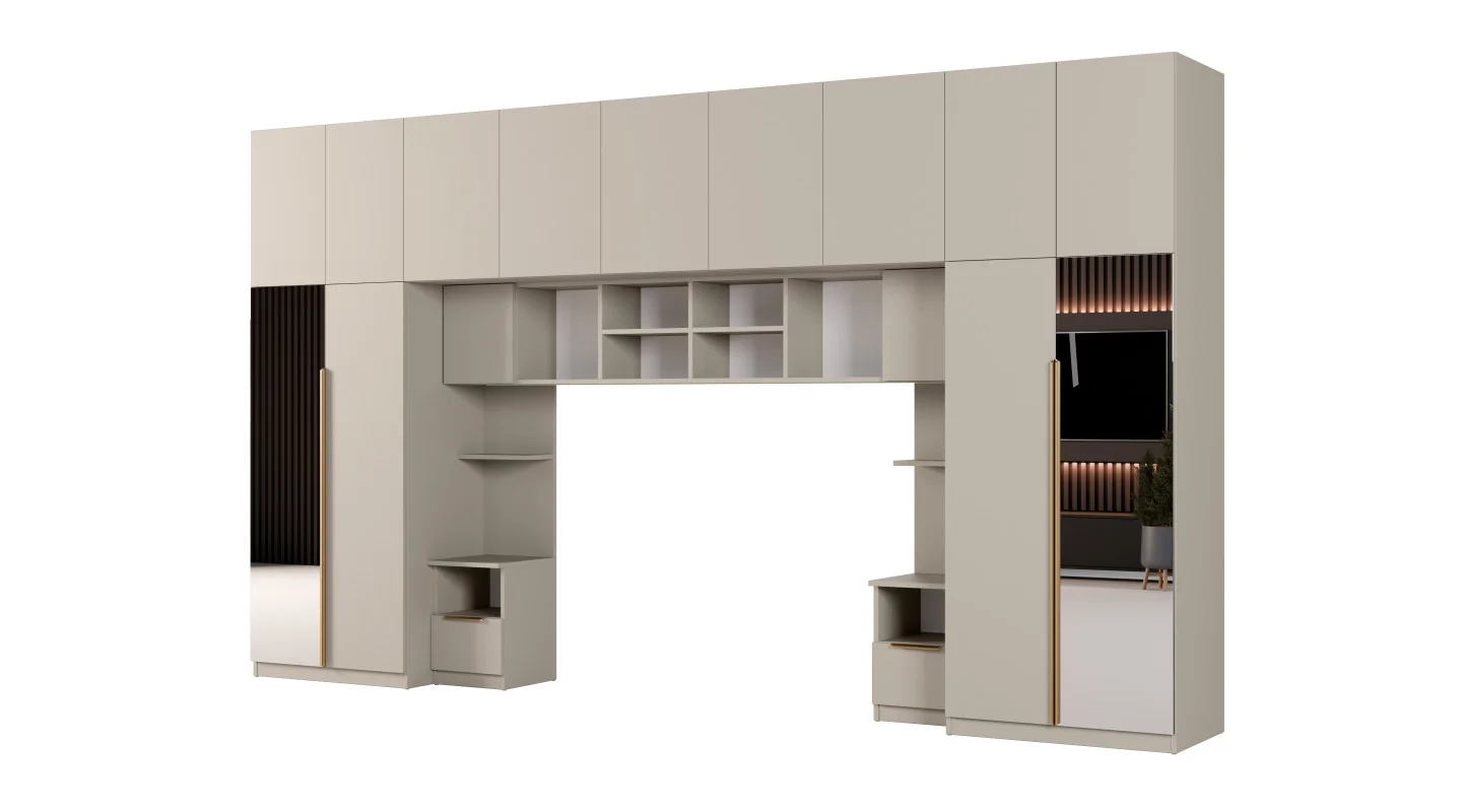 Zabudowa sypialni 394x225 cm kaszmirowy beż 2 lustra Tip-On – Jula | eMeblast