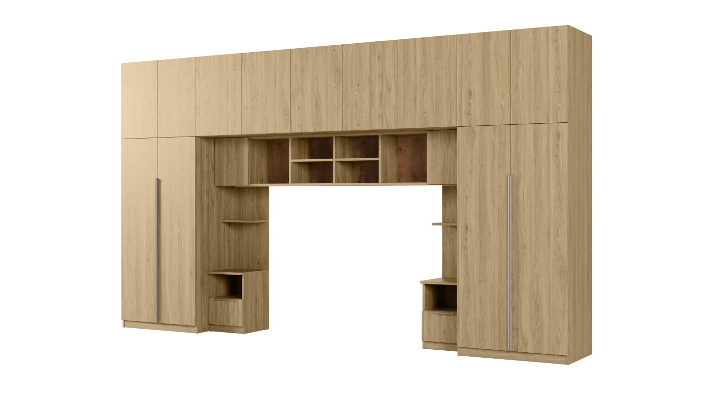 Zabudowa do sypialni 394x225 cm z szafą Tip-On dąb Carpenter Whisky – Jula