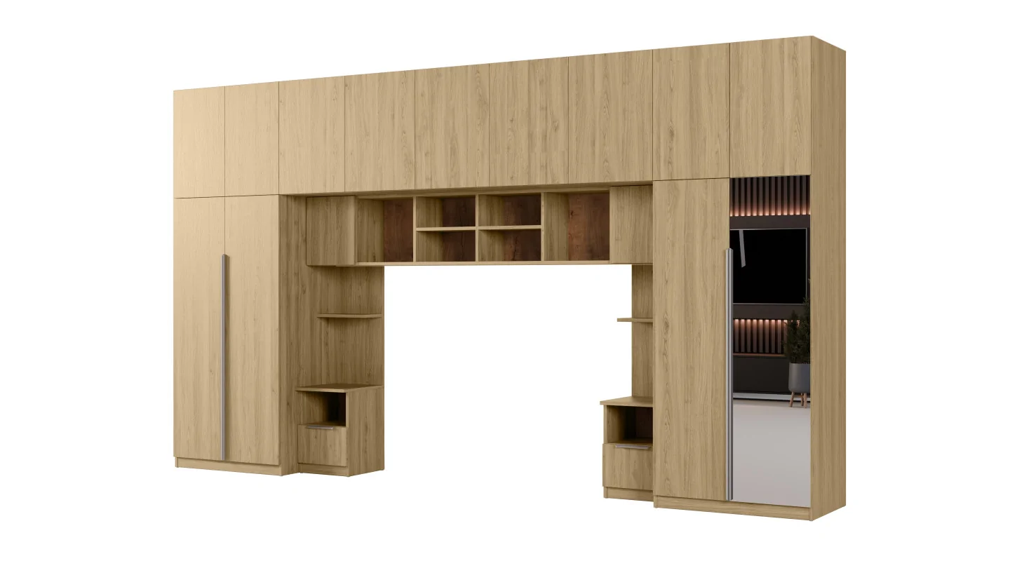 Zabudowa sypialni 394x225 cm dąb Carpenter Whisky lustro Tip-On – Jula | eMeblast