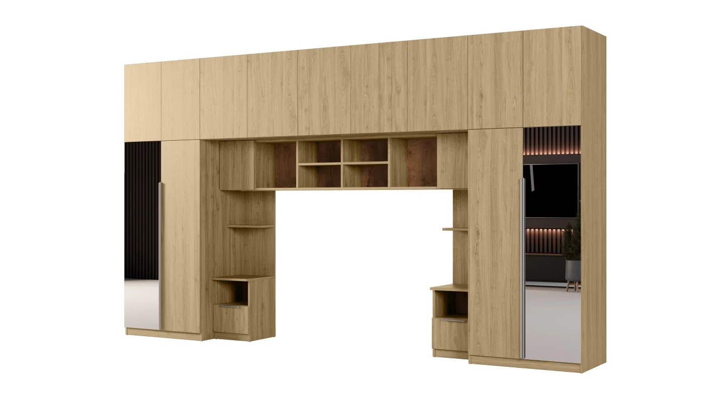 Zabudowa sypialni 394x225 cm dąb Carpenter Whisky 2 lustra Tip-On – Jula | eMeblast