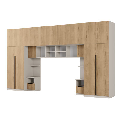 Zabudowa do sypialni 394x225 cm z szafą Tip-On kaszmirowy beż / dąb Halifax 2 lustra – Jula