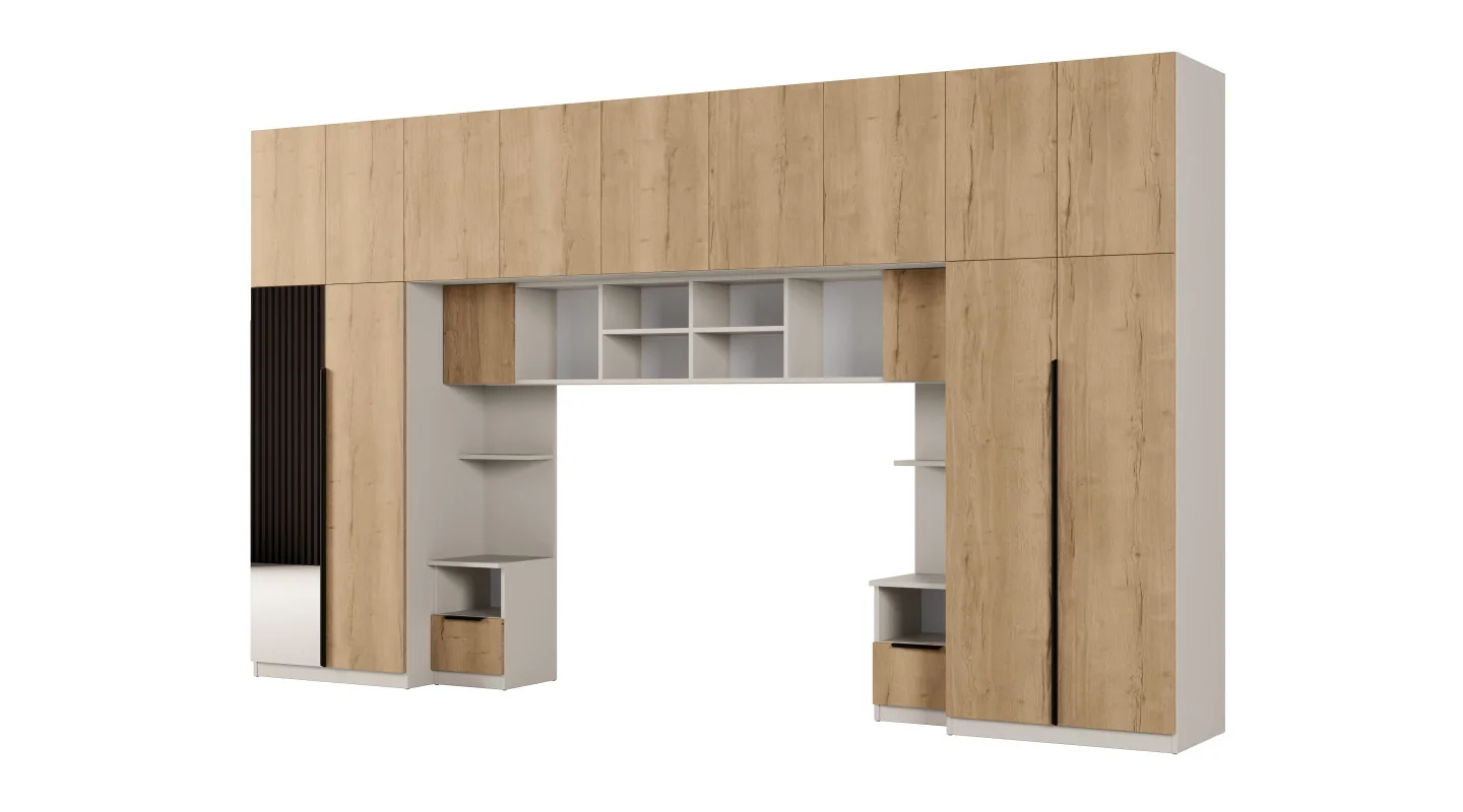 Zabudowa sypialni 394x225 cm kaszmirowy beż dąb Halifax lustro Tip-On – Jula | eMeblast