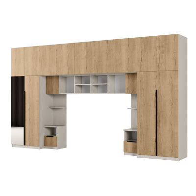 Zabudowa do sypialni 394x225 cm z szafą Tip-On kaszmirowy beż / dąb Halifax lustro – Jula