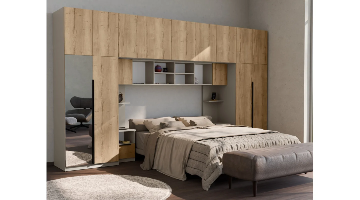 Zabudowa sypialni 394x225 cm kaszmirowy beż dąb Halifax lustro Tip-On – Jula | eMeblast