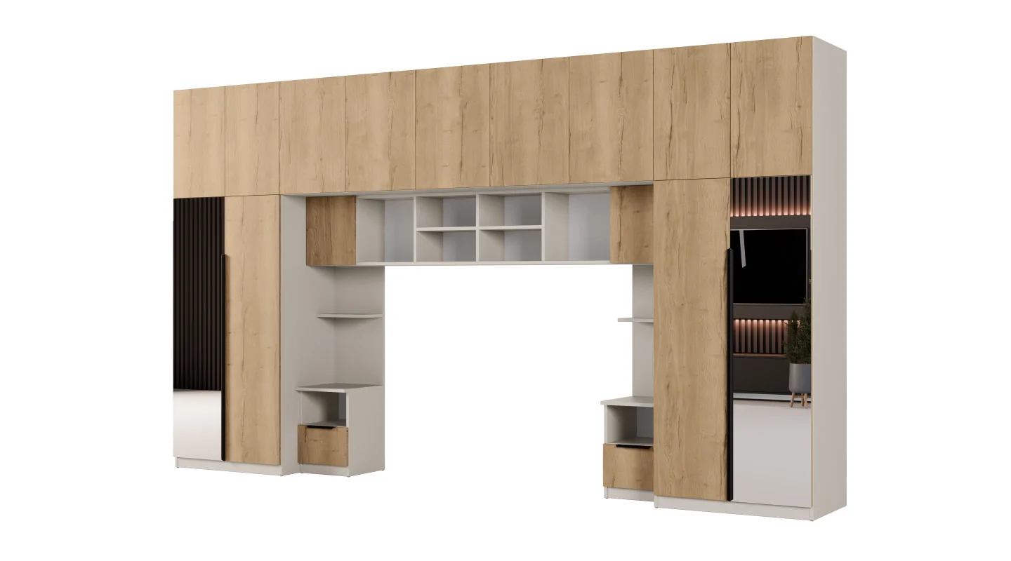 Zabudowa sypialni 394x225 cm kaszmirowy beż dąb Halifax 2 lustra Tip-On – Jula | eMeblast