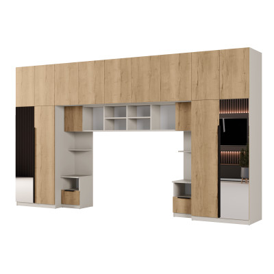 Zabudowa do sypialni 394x225 cm z szafą Tip-On kaszmirowy beż / dąb Halifax 2 lustra – Jula