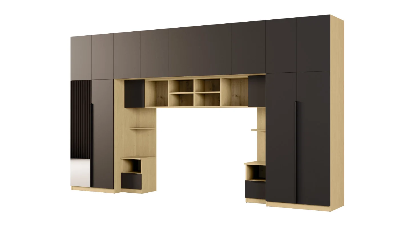 Zabudowa sypialni 394x225 cm dąb Baltic Dune czarny onyx lustro Tip-On – Jula | eMeblast