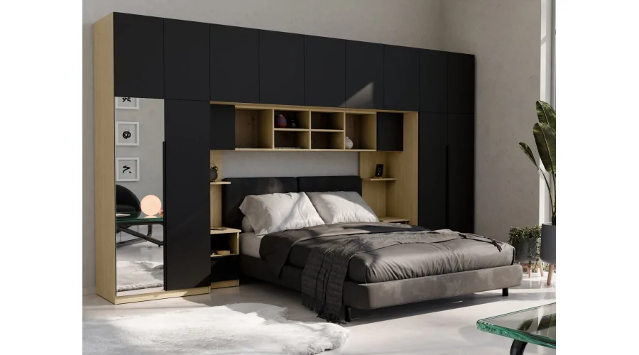 Zabudowa sypialni 394x225 cm dąb Baltic Dune czarny onyx lustro Tip-On – Jula | eMeblast
