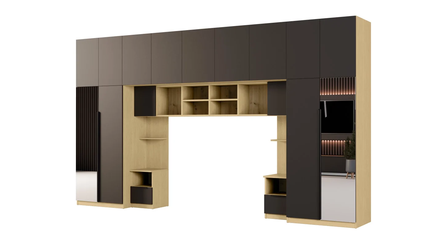 Zabudowa sypialni 394x225 cm dąb Baltic Dune czarny onyx 2 lustra Tip-On – Jula | eMeblast