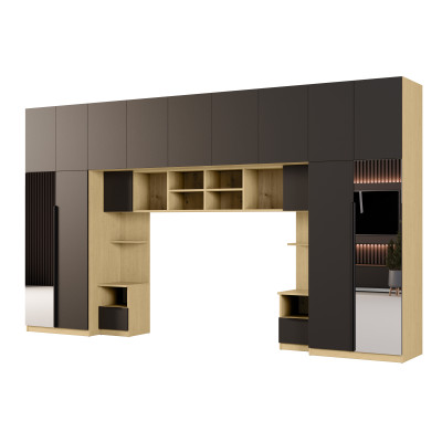 Zabudowa do sypialni 394x225 cm z szafą Tip-On dąb Baltic Dune – czarny onyx 2 lustra – Jula