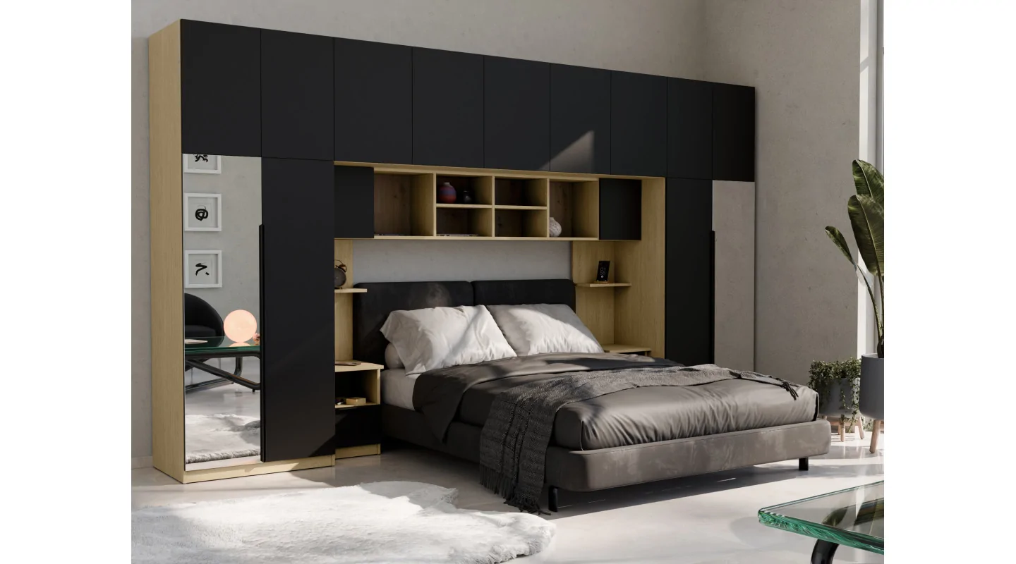 Zabudowa sypialni 394x225 cm dąb Baltic Dune czarny onyx 2 lustra Tip-On – Jula | eMeblast