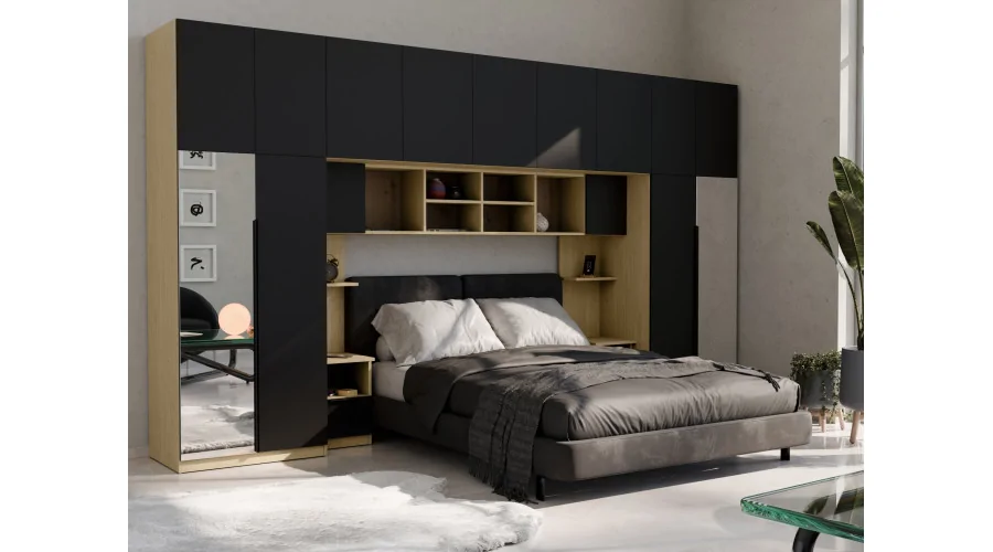 Zabudowa sypialni 394x225 cm dąb Baltic Dune czarny onyx 2 lustra Tip-On – Jula | eMeblast