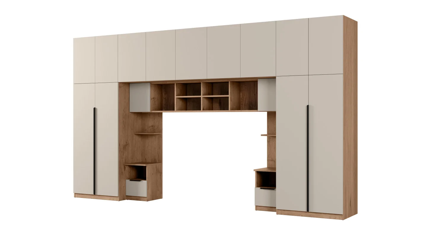 Zabudowa sypialni 394x225 cm dąb Lancelot kaszmirowy beż Tip-On – Jula | eMeblast
