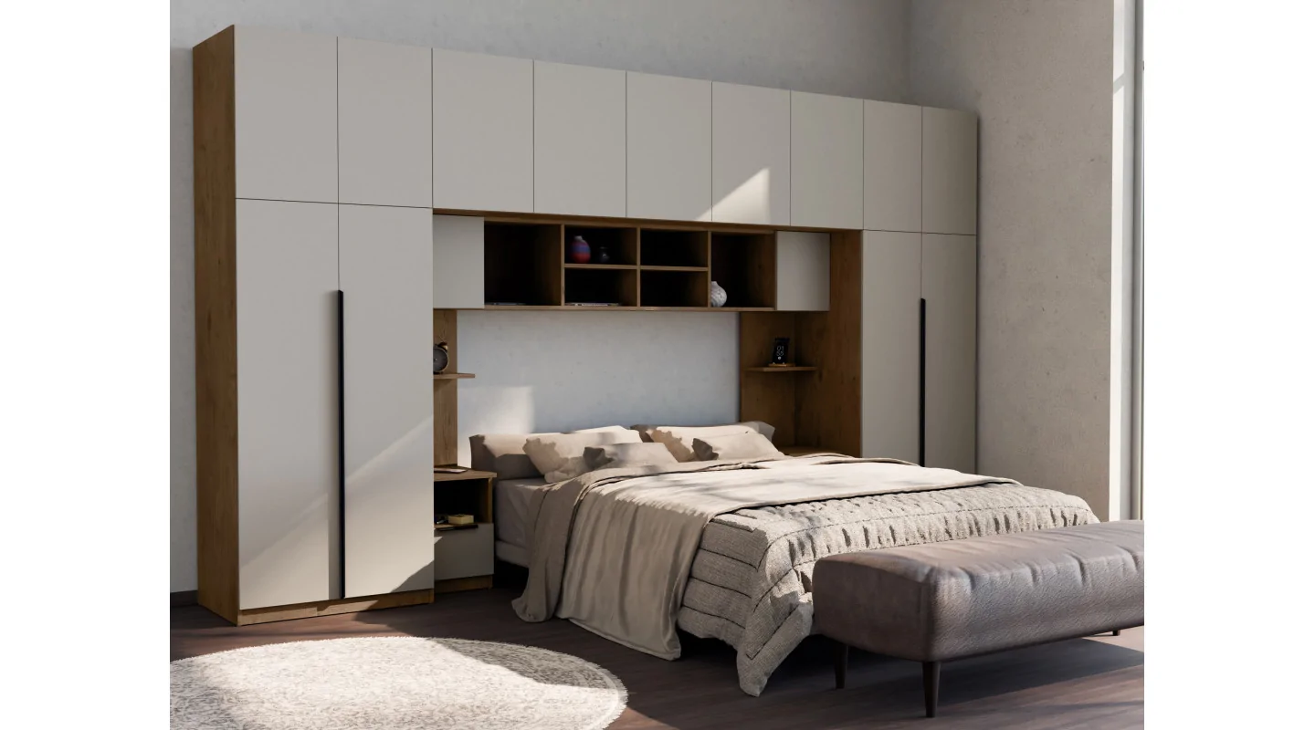 Zabudowa sypialni 394x225 cm dąb Lancelot kaszmirowy beż Tip-On – Jula | eMeblast