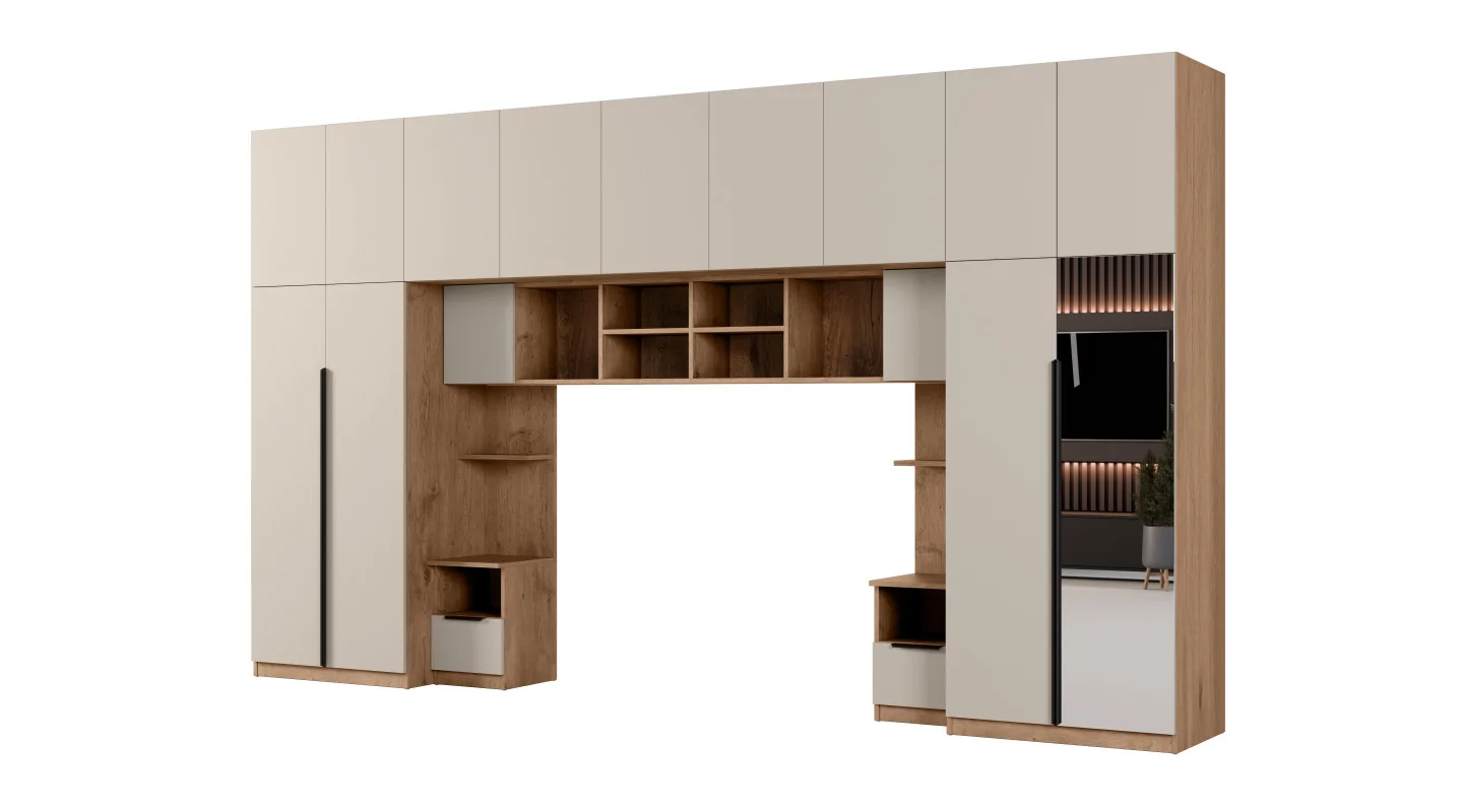 Zabudowa sypialni 394x225 cm dąb Lancelot kaszmirowy beż lustro Tip-On – Jula | eMeblast