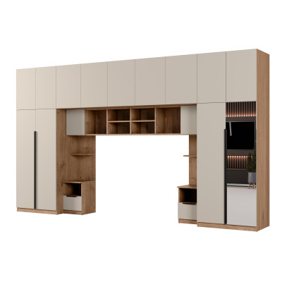 Zabudowa do sypialni 394x225 cm z szafą Tip-On dąb Lancelot – kaszmirowy beż lustro – Jula