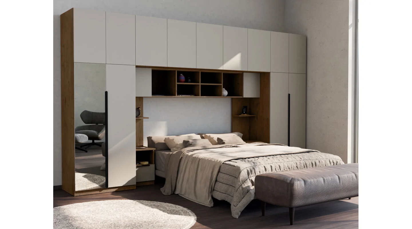 Zabudowa sypialni 394x225 cm dąb Lancelot kaszmirowy beż lustro Tip-On – Jula | eMeblast