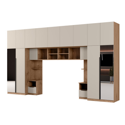 Zabudowa do sypialni 394x225 cm z szafą Tip-On dąb Lancelot – kaszmirowy beż 2 lustra – Jula