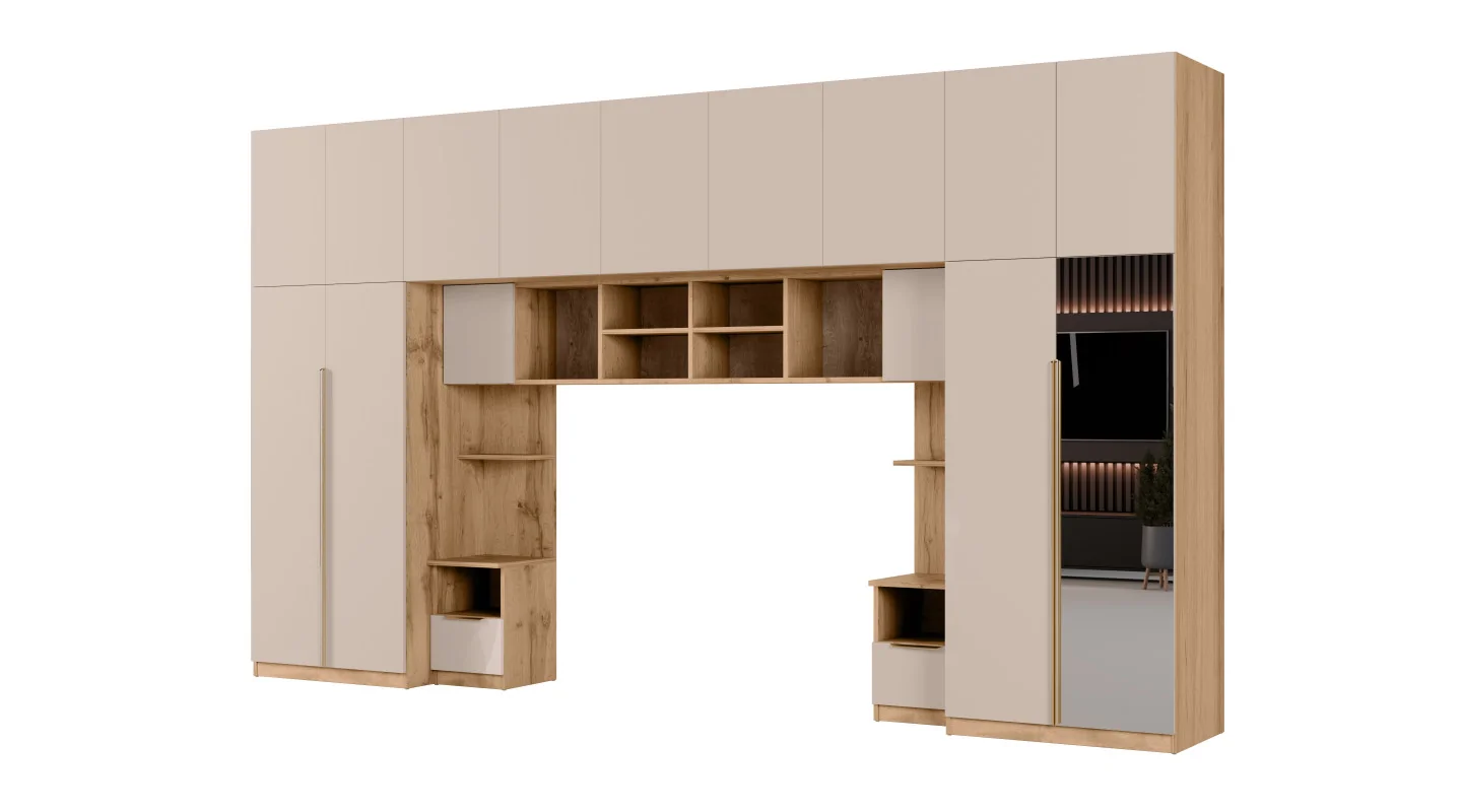 Zabudowa sypialni 394x225 cm dąb Wotan piasek pustyni lustro Tip-On – Jula | eMeblast