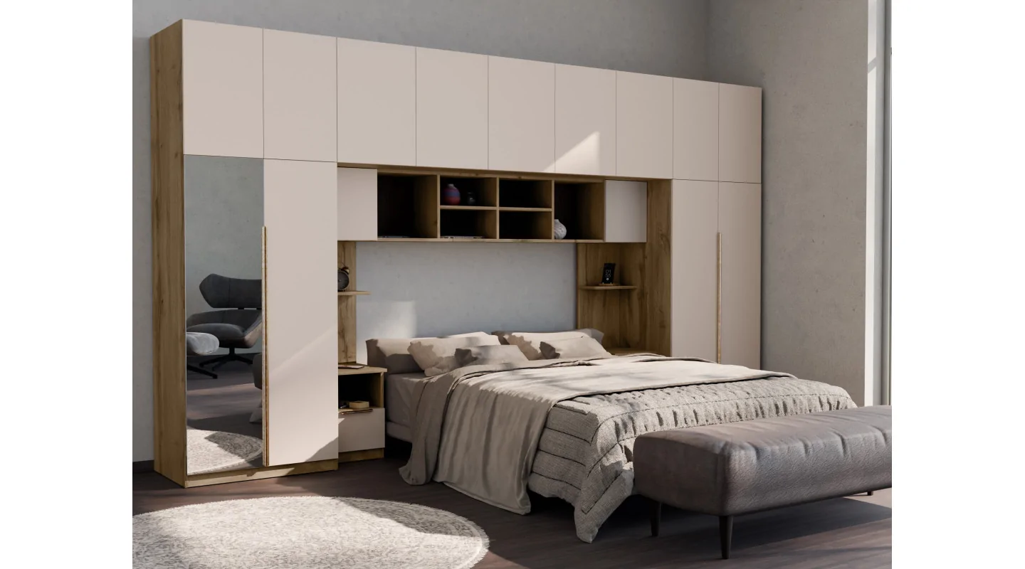 Zabudowa sypialni 394x225 cm dąb Wotan piasek pustyni lustro Tip-On – Jula | eMeblast