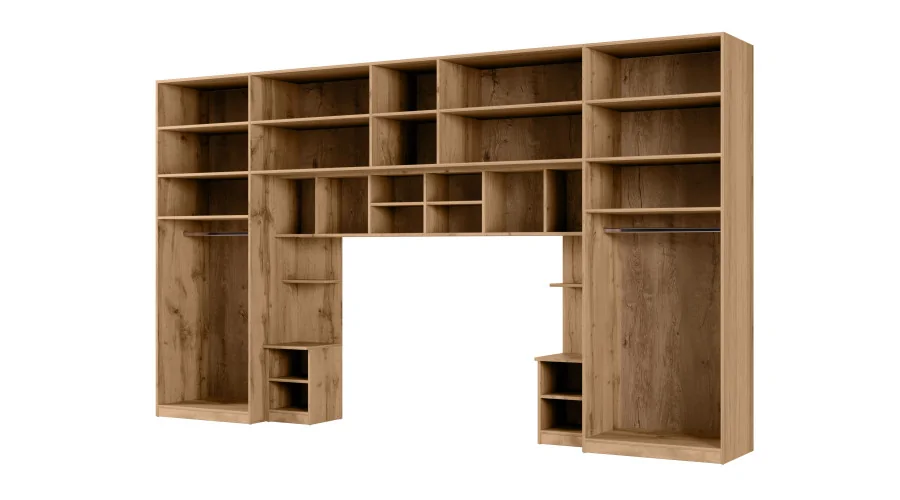 Zabudowa sypialni 394x225 cm dąb Wotan piasek pustyni 2 lustra Tip-On – Jula | eMeblast