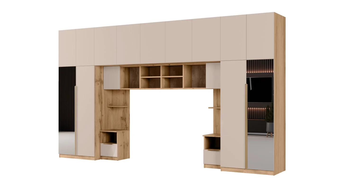 Zabudowa sypialni 394x225 cm dąb Wotan piasek pustyni 2 lustra Tip-On – Jula | eMeblast