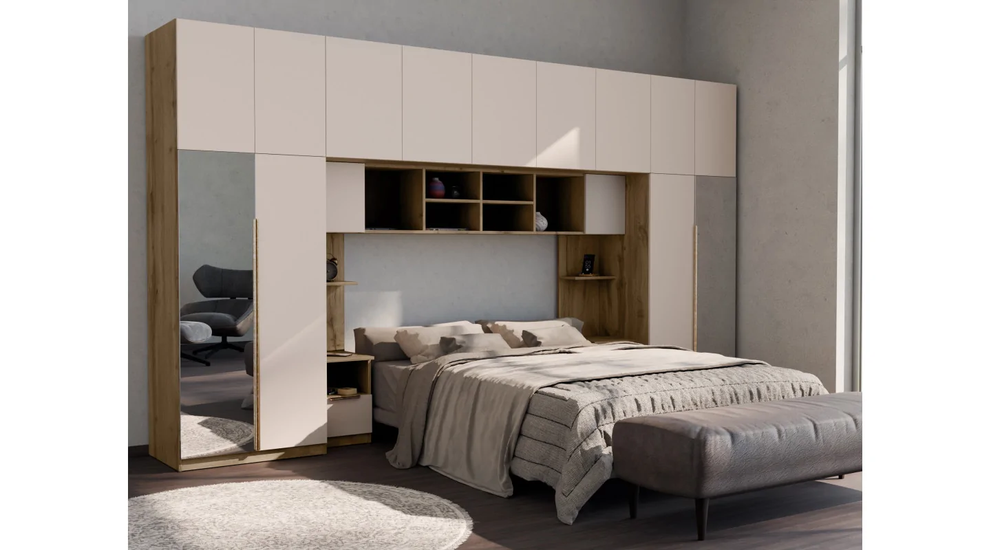 Zabudowa sypialni 394x225 cm dąb Wotan piasek pustyni 2 lustra Tip-On – Jula | eMeblast