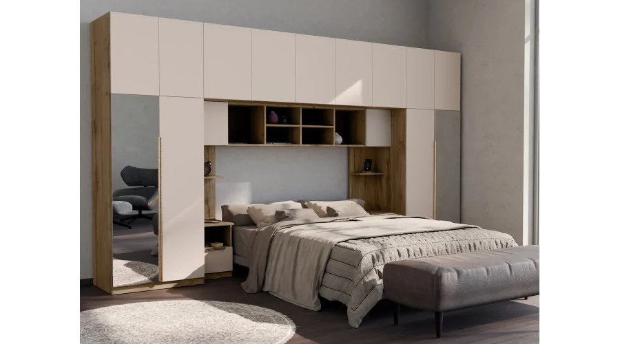 Zabudowa sypialni 394x225 cm dąb Wotan piasek pustyni 2 lustra Tip-On – Jula | eMeblast