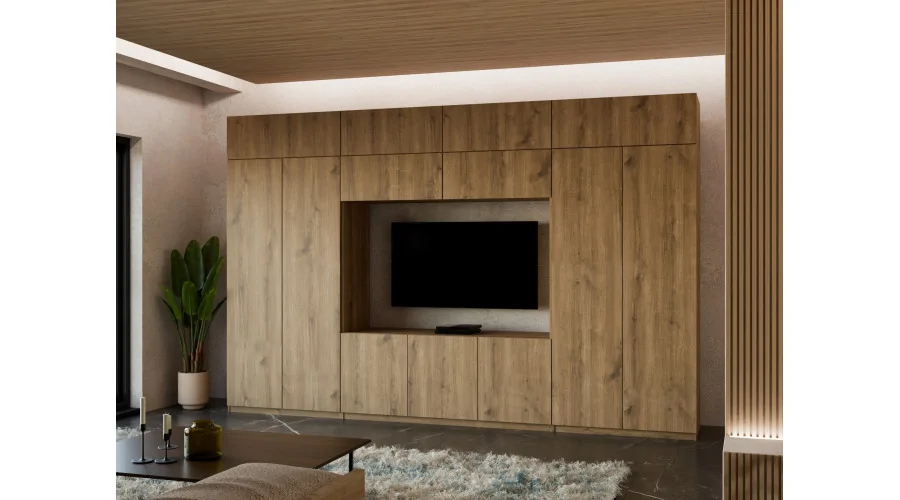 Przestronna meblościanka pod telewizor 365×240 cm Dąb Carpenter Whisky - INFINITY