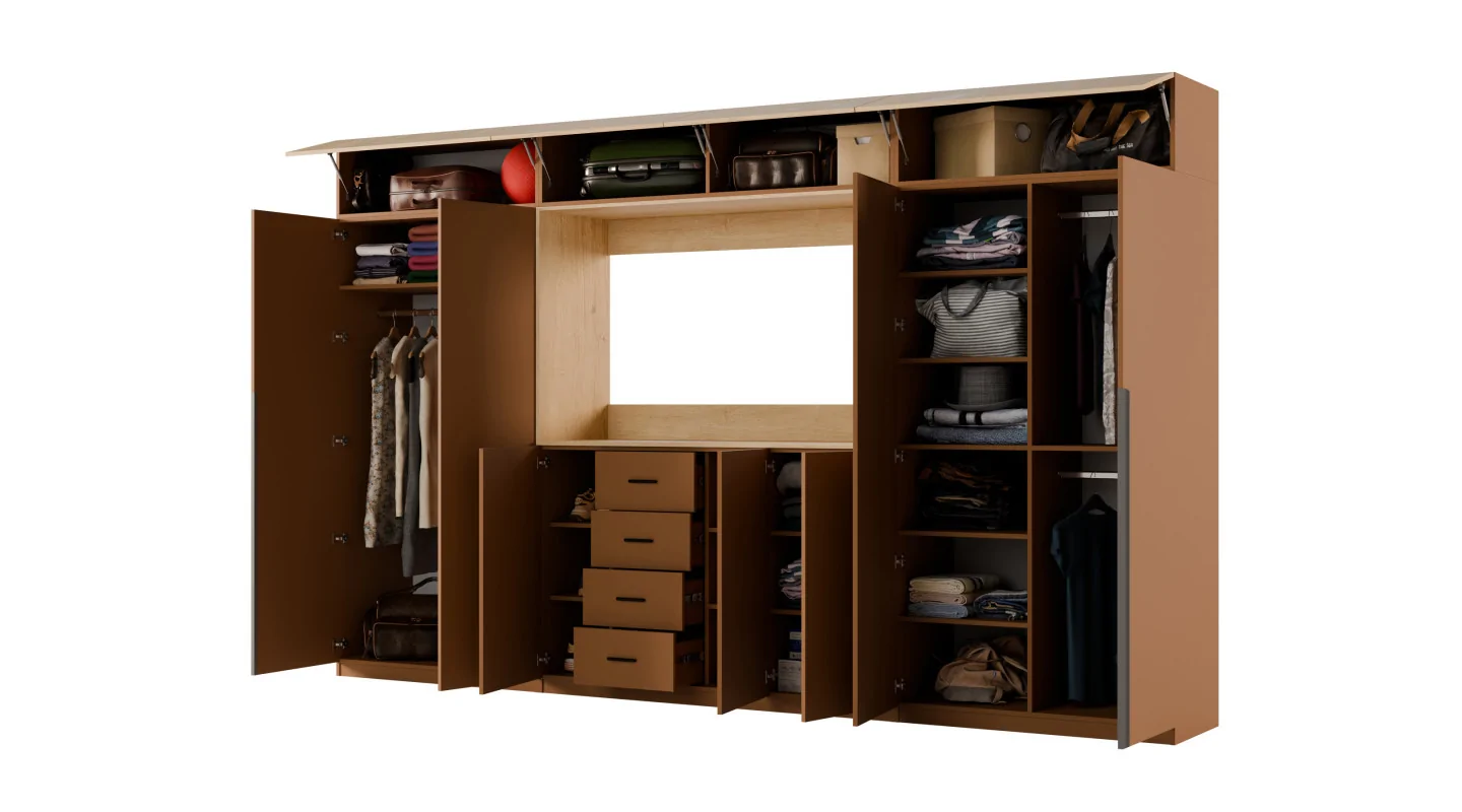 Stylowa meblościanka ze strefą RTV 385×240 cm Ceglany Dąb Carpenter Whisky - ATRIUM