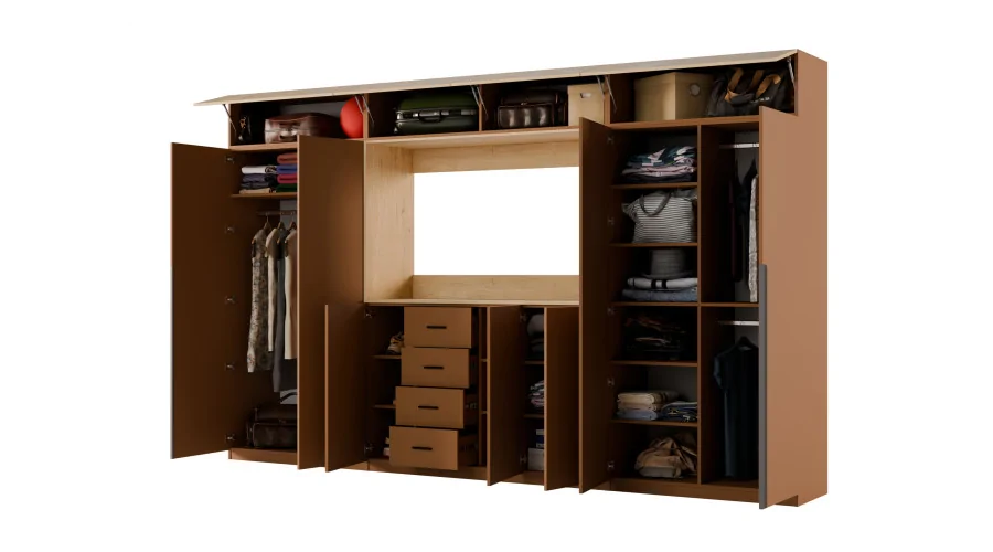 Stylowa meblościanka ze strefą RTV 385×240 cm Ceglany Dąb Carpenter Whisky - ATRIUM