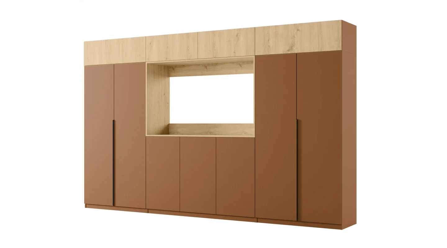 Stylowa meblościanka ze strefą RTV 385×240 cm Ceglany Dąb Carpenter Whisky - ATRIUM