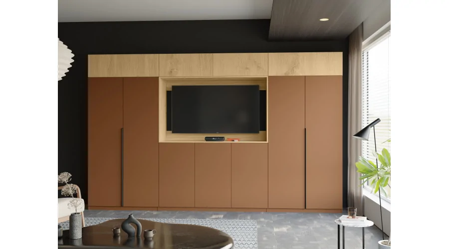 Stylowa meblościanka ze strefą RTV 385×240 cm Ceglany Dąb Carpenter Whisky - ATRIUM