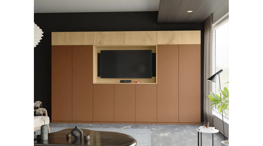 Stylowa meblościanka ze strefą RTV 385×240 cm Ceglany Dąb Carpenter Whisky - ATRIUM