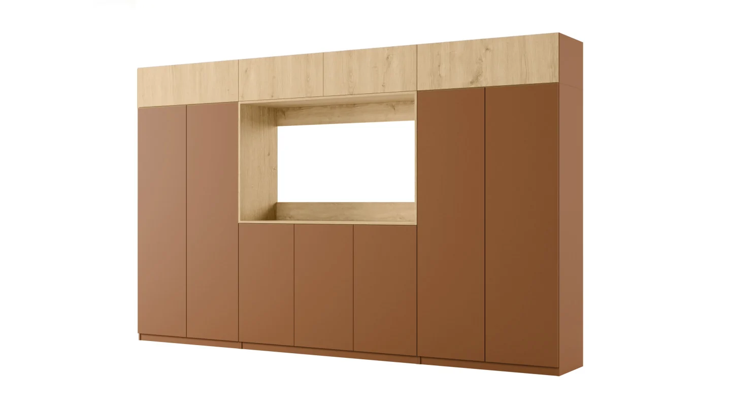 Stylowa meblościanka ze strefą RTV 385×240 cm Ceglany Dąb Carpenter Whisky - ATRIUM
