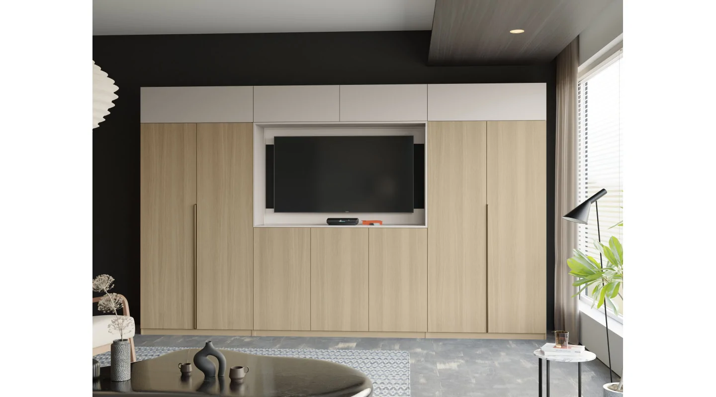 Stylowa meblościanka ze strefą RTV 385×240 cm Dąb Elegancki Kaszmirowy Beż - ATRIUM