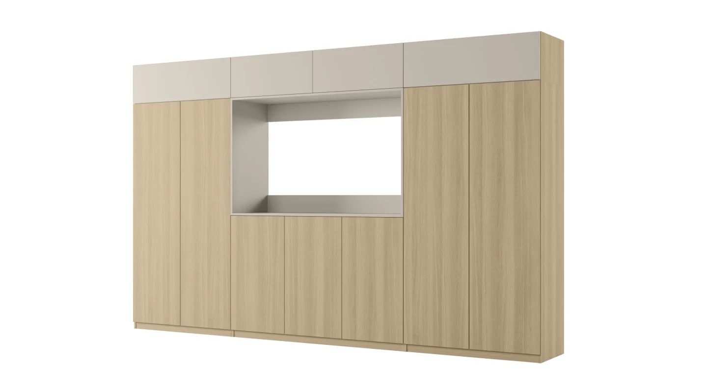 Stylowa meblościanka ze strefą RTV 385×240 cm Dąb Elegancki Kaszmirowy Beż - ATRIUM