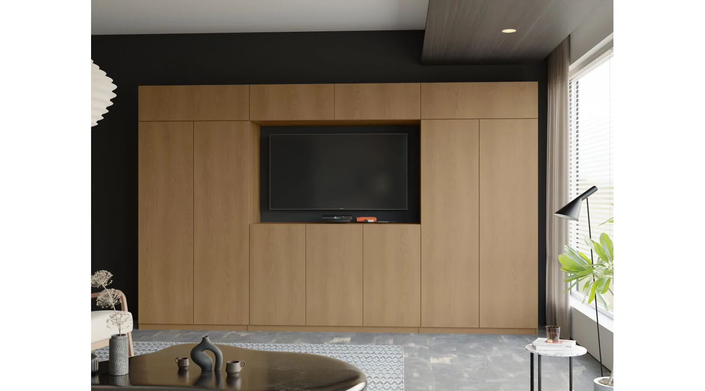 Stylowa meblościanka ze strefą RTV 385×240 cm Dąb Karmel - ATRIUM