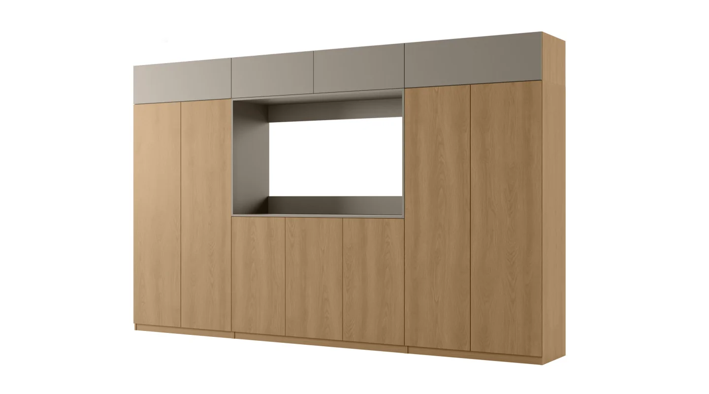 Stylowa meblościanka ze strefą RTV 385×240 cm Dąb Karmel Kalahari - ATRIUM