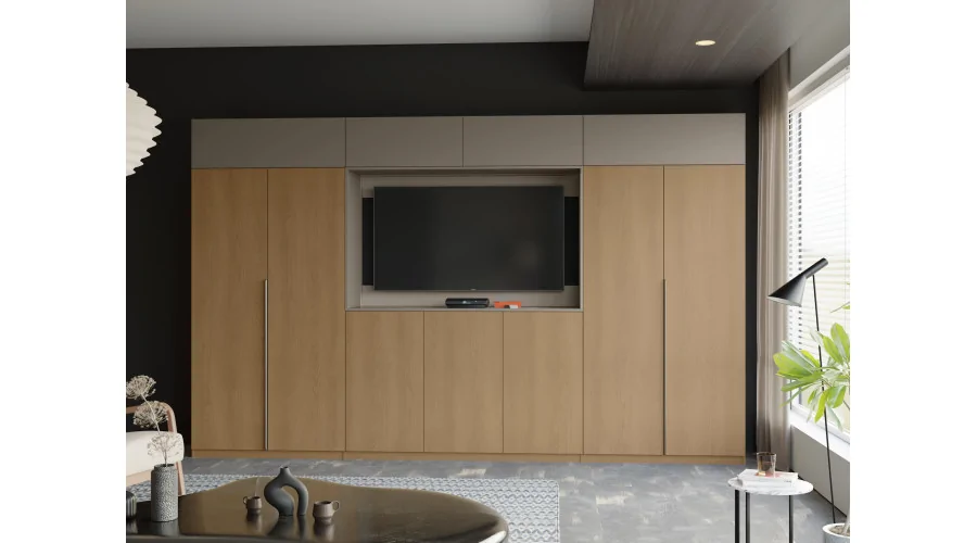 Stylowa meblościanka ze strefą RTV 385×240 cm Dąb Karmel Kalahari - ATRIUM