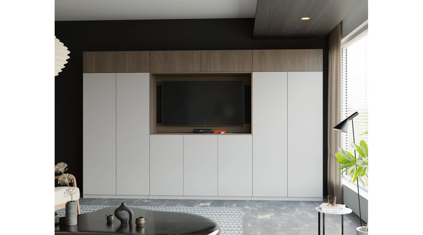 Stylowa meblościanka ze strefą RTV 385×240 cm Szary New York Dąb Dunin - ATRIUM