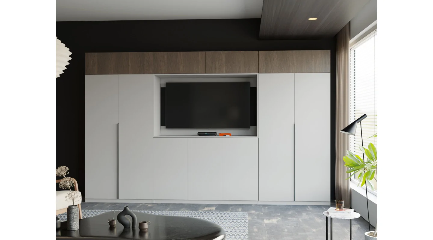 Stylowa meblościanka ze strefą RTV 385×240 cm Szary New York Dąb Dunin - ATRIUM