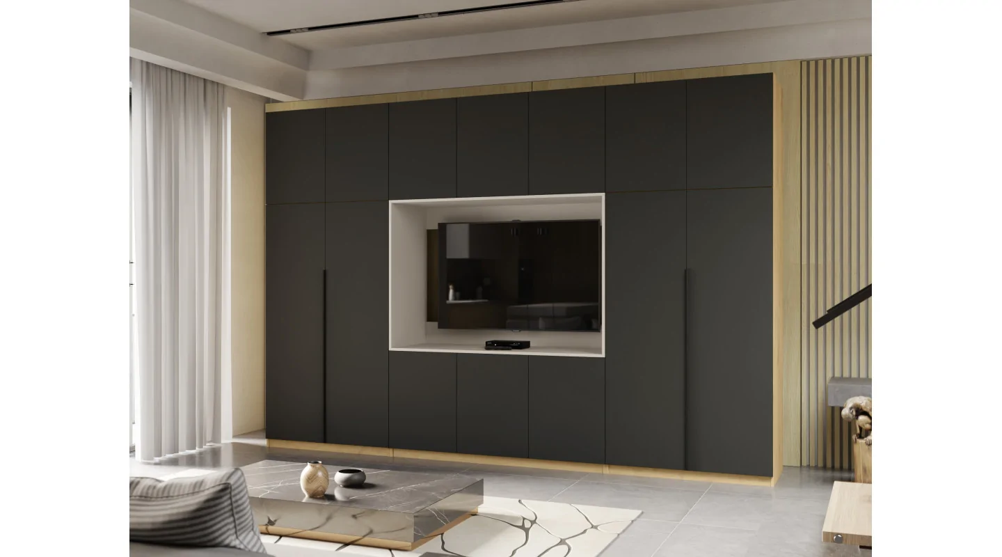 Minimalistyczna meblościanka z strefą RTV 350×240 cm Dąb Carpenter Jasny Czarny Onyx - HORIZON