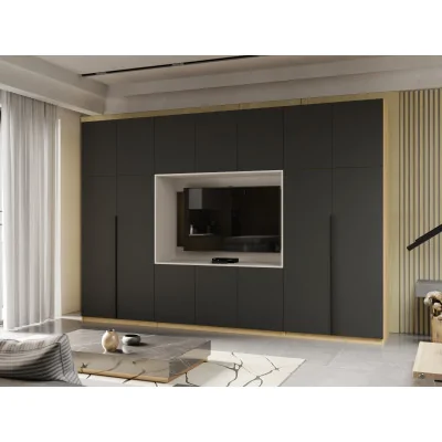 Minimalistyczna meblościanka z strefą RTV 350×240 cm Dąb Carpenter Jasny Czarny Onyx - HORIZON